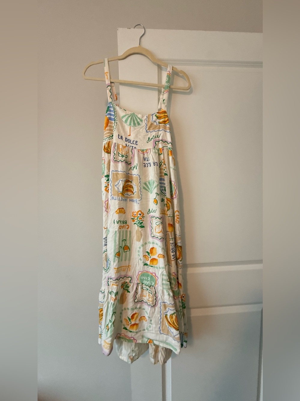 White Printed Maxi Dress with Pastel Citrus & Shell Motif - Picture 5 of 9